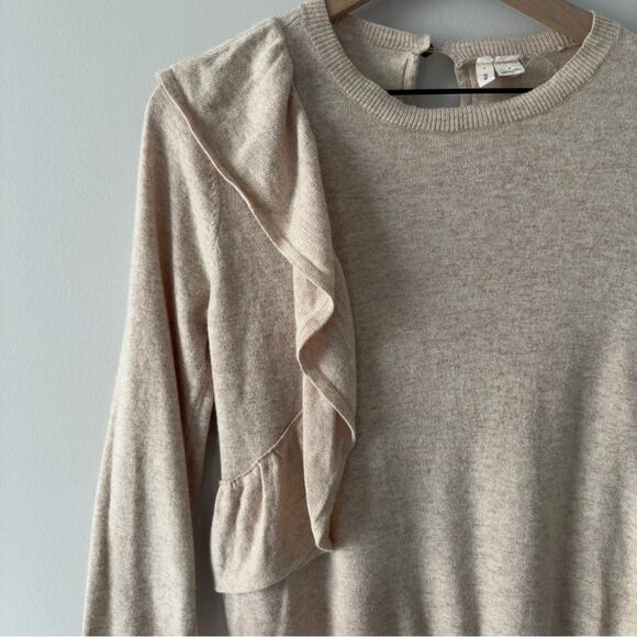 Anthropologie Moth Ruffle Beige tight Knit Sweater long sleeve crew neck keyhole - Picture 3 of 8